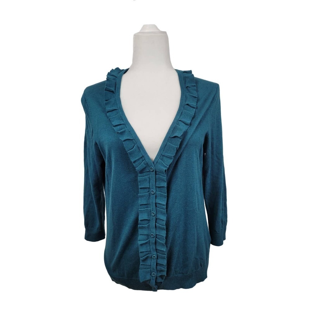 Boden Ruffled Teal Cashmere Blend Soft Lightweight Cardigan Sweater 3/4 Sleeve